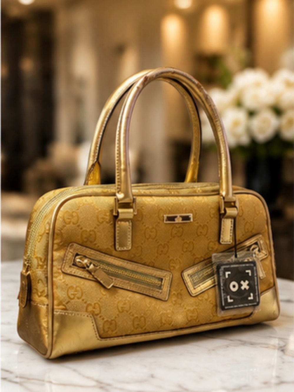 Authentic Vintage Metallic Gold Gucci GG Canvas Leather Bowler Satchel Handbag - Picture 2 of 7